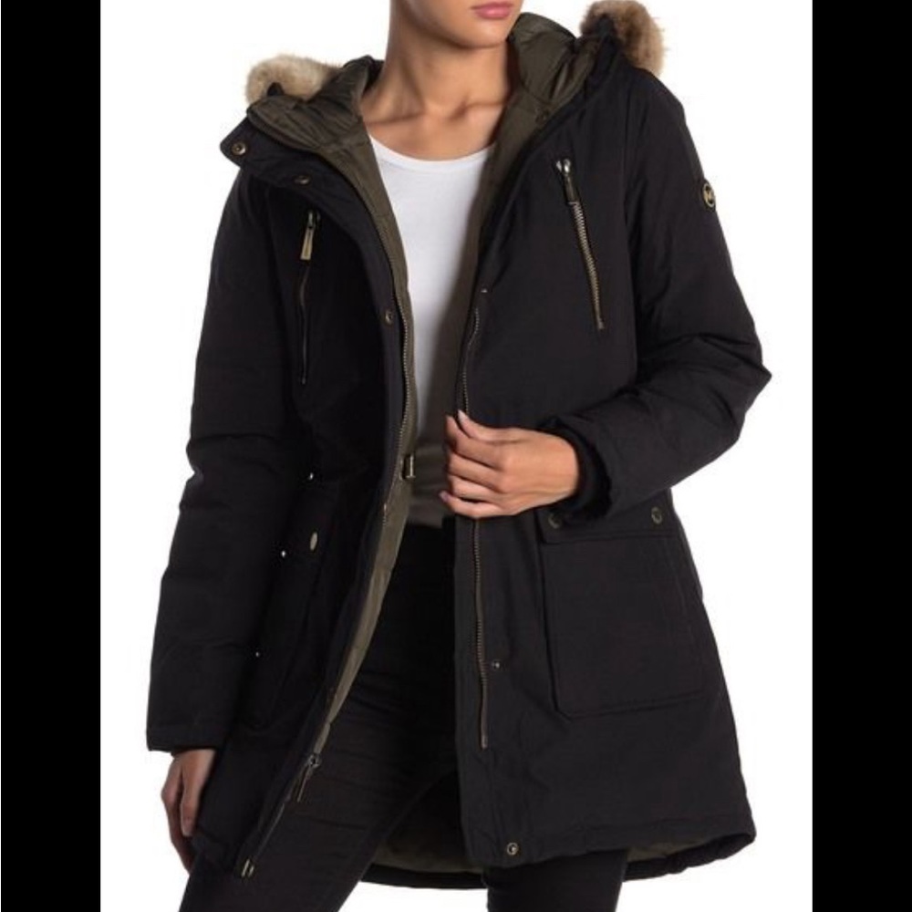 Michael Kors down jacket soft shell with hood longline women's size XS NWOT